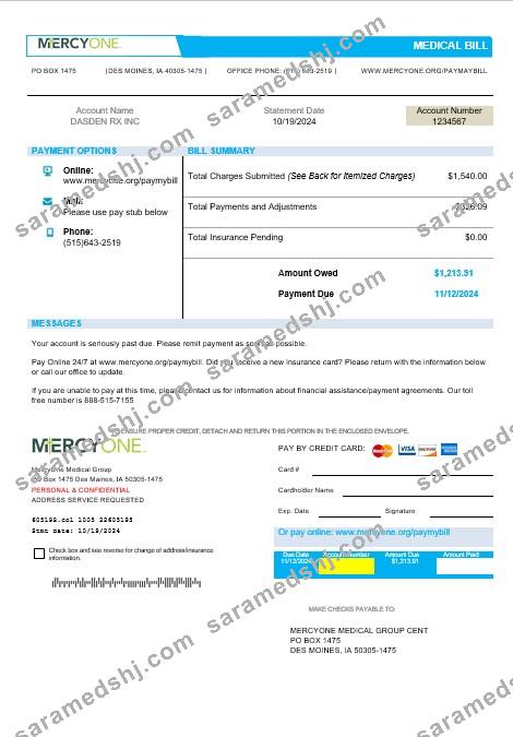 USA Iowa MercyOne medical business utility bill template in Word and PDF formats